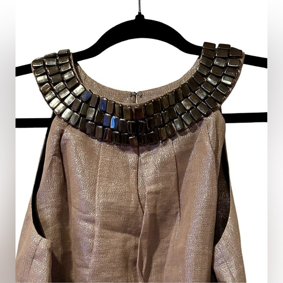 WALTER SIZE 6 🍒CHAMPAGNE GOLD JEWEL COLLARED SILK DRESS FULLY LINED CLASP FRONT - Picture 4 of 12